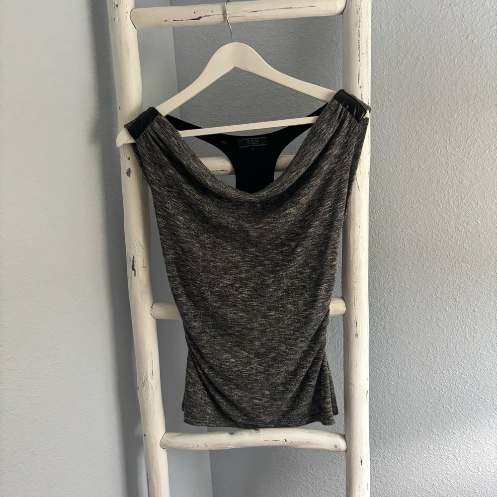 Guess Gray Heathered Ruched Drape Back Racerback Top Size S - Picture 5 of 8